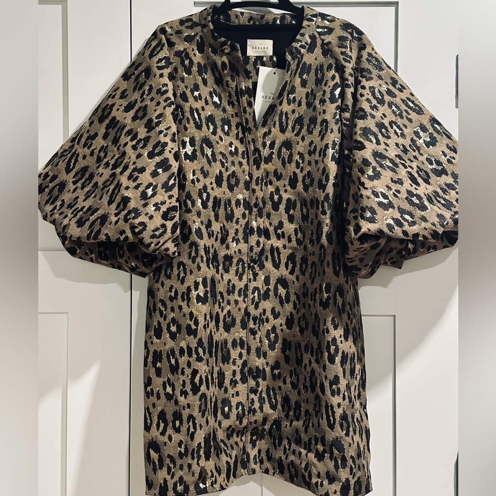 🐆✨Sézane Robe Lila — Jacquard Léopard Beige & Gold Flecks (Size 38 / EU/US 6) ✨